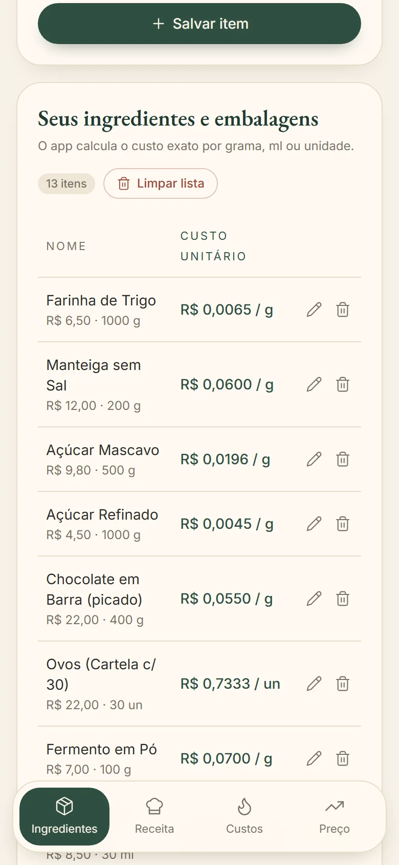 Lista de ingredientes na calculadora Doce Certo, com o custo exato por grama de cada um